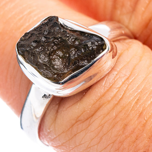 Sterling silver moldavite ring, size 8.25, with rough dark green gemstone top