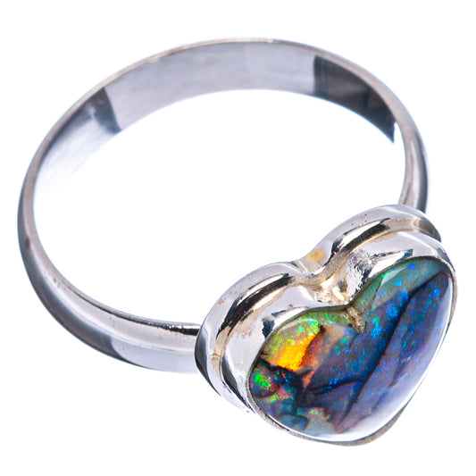 Heart opal sterling silver band ring with colorful blue-green gemstone front