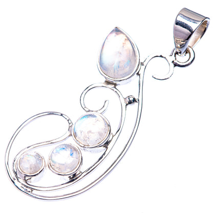 Sterling silver rainbow moonstone pendant with pear and round stones on curved swirl
