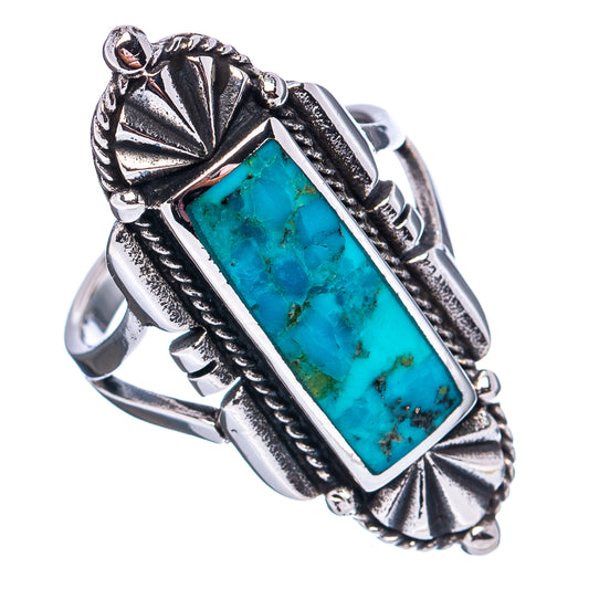 Native Style Mohave turquoise ring with rectangle stone and stamped silver bezel