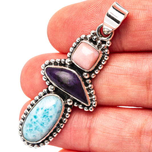 Sterling silver pendant with pink opal, sugilite, and larimar stones, oval and bezel set