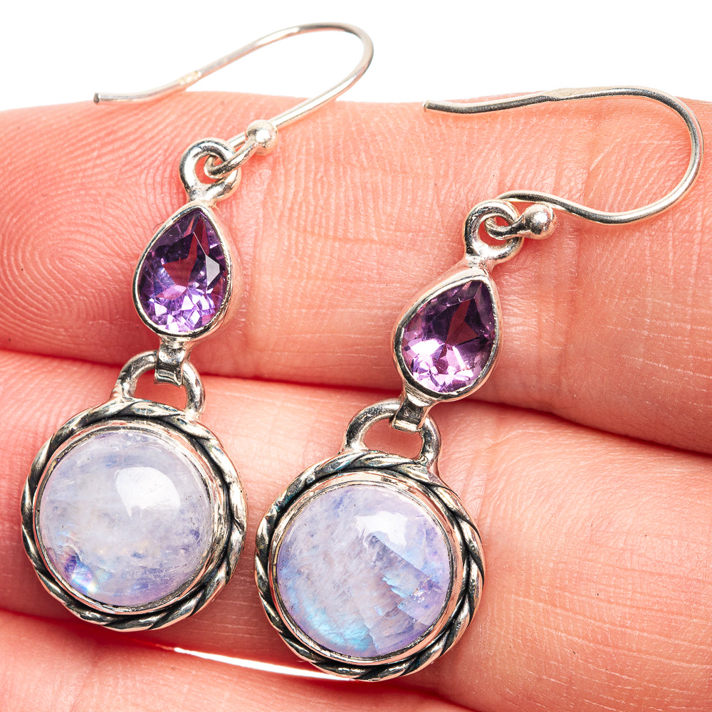 Rainbow Moonstone, Amethyst Earrings 1 5/8" (925 Sterling Silver) E432661