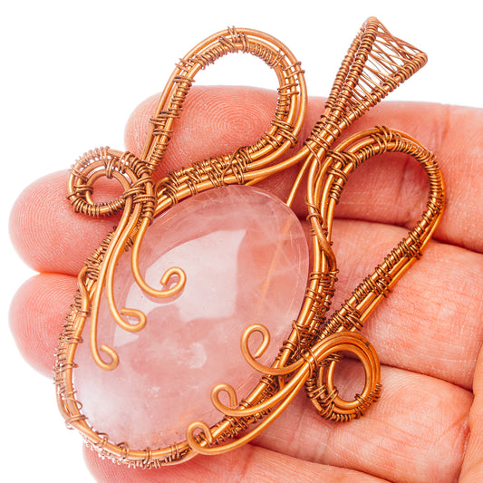 Rose Quartz Wire Warp Pendant 2 3/4" (Copper)