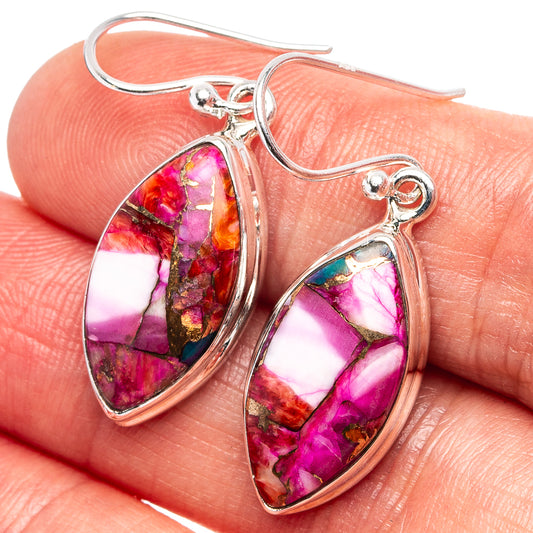 Sterling silver teardrop earrings with pink-purple marbled stone and yellow-green flecks