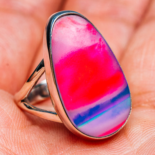 Sterling silver teardrop opal ring with pink and blue iridescence