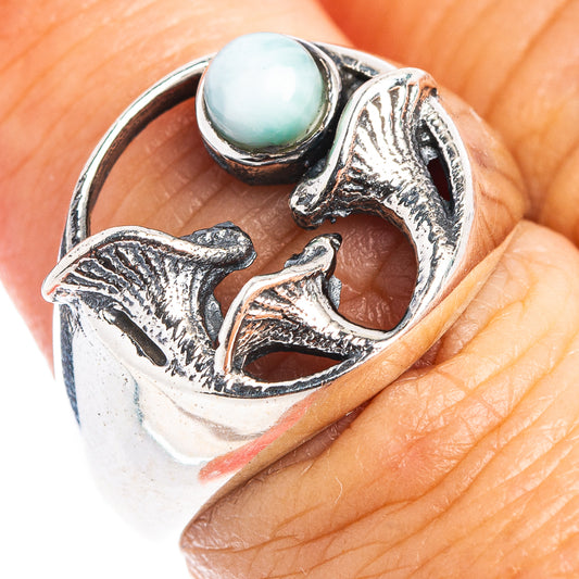 Sterling silver mushroom dainty ring with oval light blue larimar cabochon centerpiece