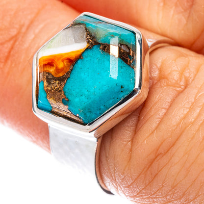 Sterling silver spiny oyster turquoise ring with turquoise-orange mosaic inlay, size 6.5