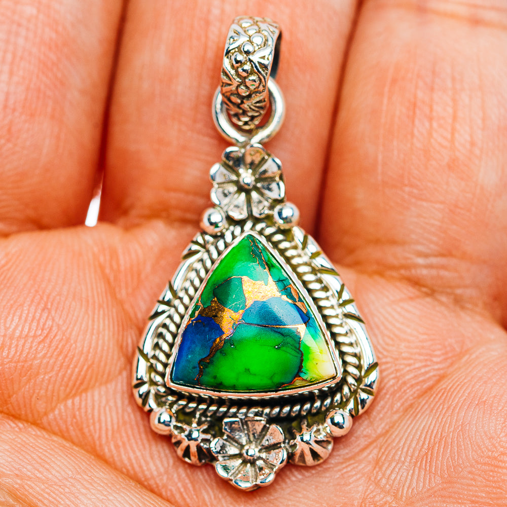 Southwestern Style Irish Dahlia Mohave Turquoise Pendant 1 1/2" (.925 Sterling Silver)