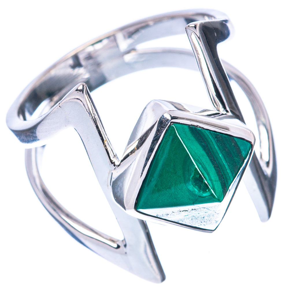 Sterling silver ring with faceted green malachite center and V-shaped openwork detail
