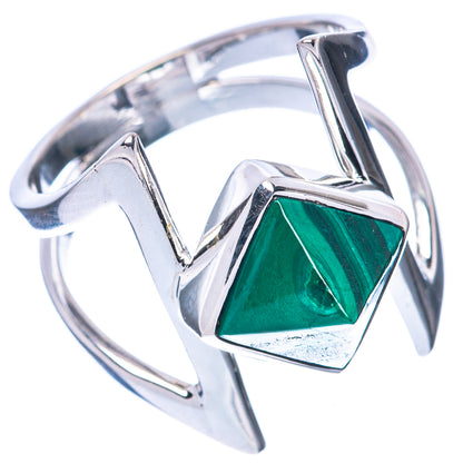 Sterling silver ring with faceted green malachite center and V-shaped openwork detail
