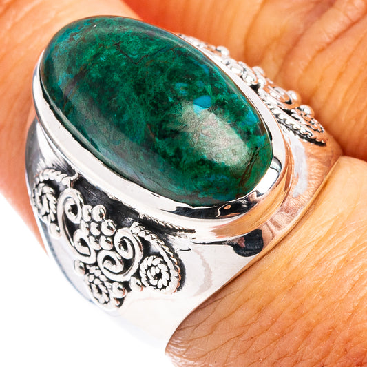 Chrysocolla oval gemstone ring with green stone and ornate .925 sterling silver band