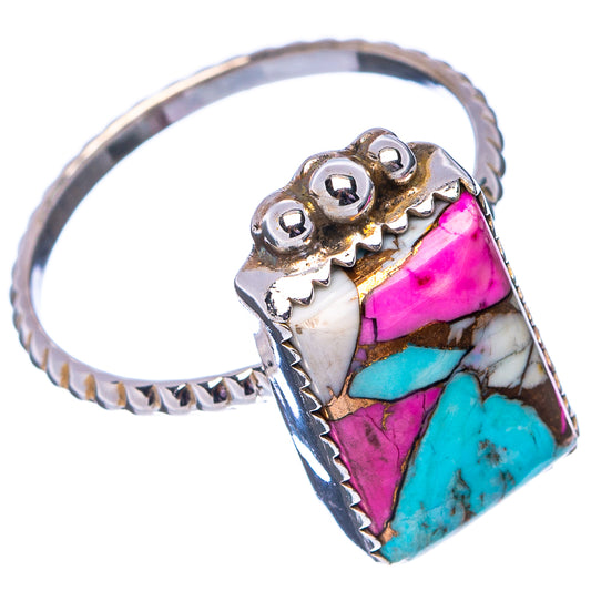 Sterling silver ring with pink and turquoise mosaic stone, ornate bezel
