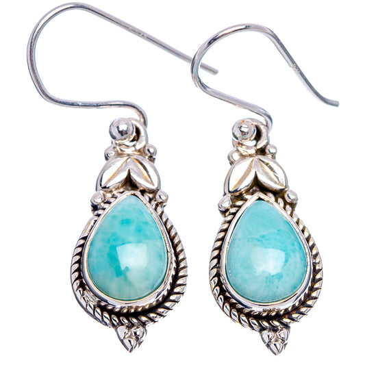Sterling silver larimar teardrop earrings, ornate dangling setting with fishhook closures