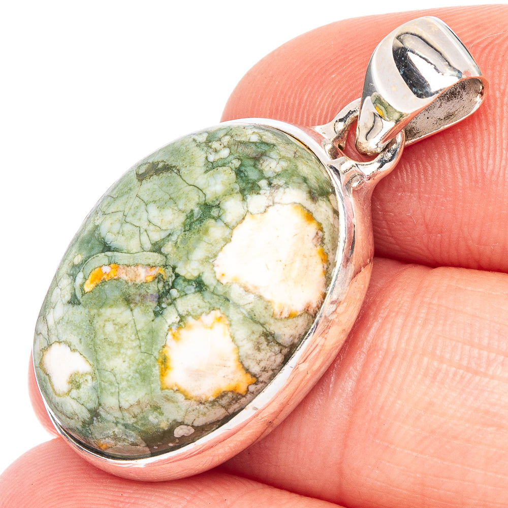 Oval rainforest jasper pendant in 925 sterling silver bezel, stone green and cream