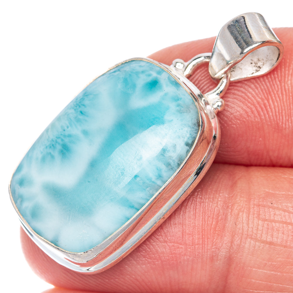 Oval larimar stone pendant in sterling silver bezel with adjustable bail