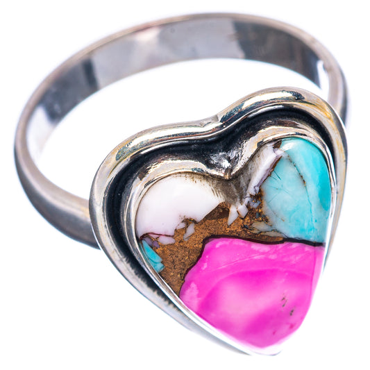 Heart-shaped sterling silver ring with turquoise and pink heart inlay, side view