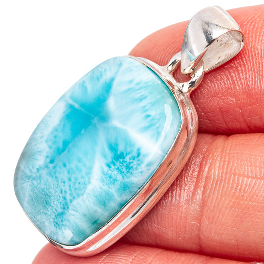 Sterling silver oval larimar pendant with bail, blue stone in bezel setting