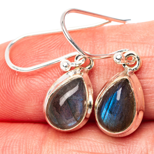 Sterling silver labradorite teardrop drop earrings, dark stone with blue shimmer