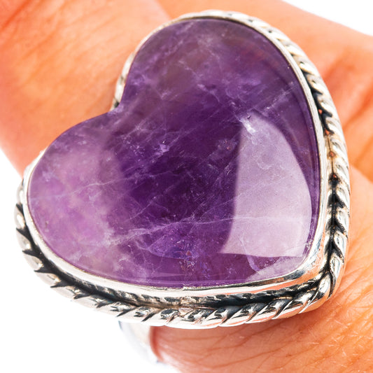 Amethyst heart ring with purple stone and ornate .925 sterling silver bezel