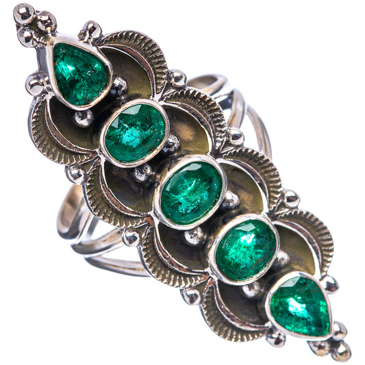 Sterling silver emerald ring, side view, with five faceted green teardrop settings