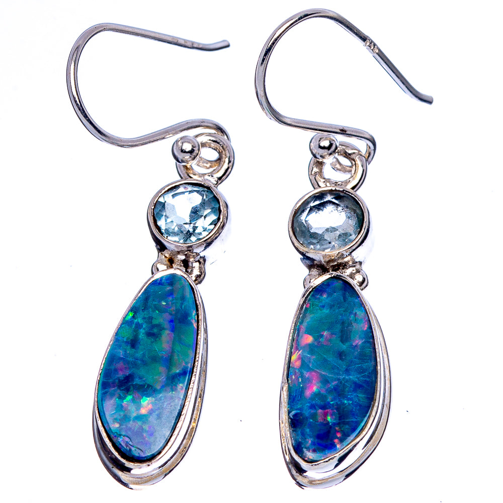 Sterling silver dangle earrings with blue opal teardrops and round light-blue stones