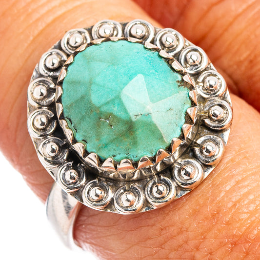 Turquoise cabochon ring in .925 sterling silver, ornate round bead setting