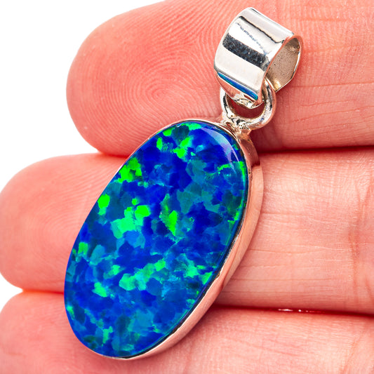 Sterling silver lab opal pendant with teardrop blue-green opal stone and loop bail