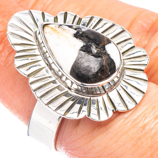 Sterling silver ring with white buffalo turquoise teardrop and sunburst bezel