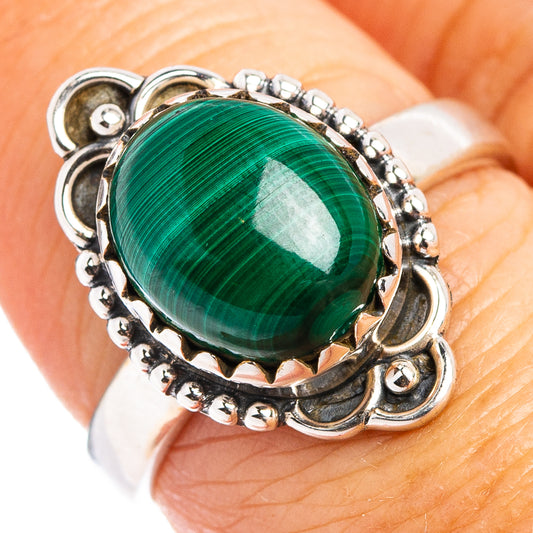 Oval malachite stone sterling silver ring, size 7 with beaded detail setting