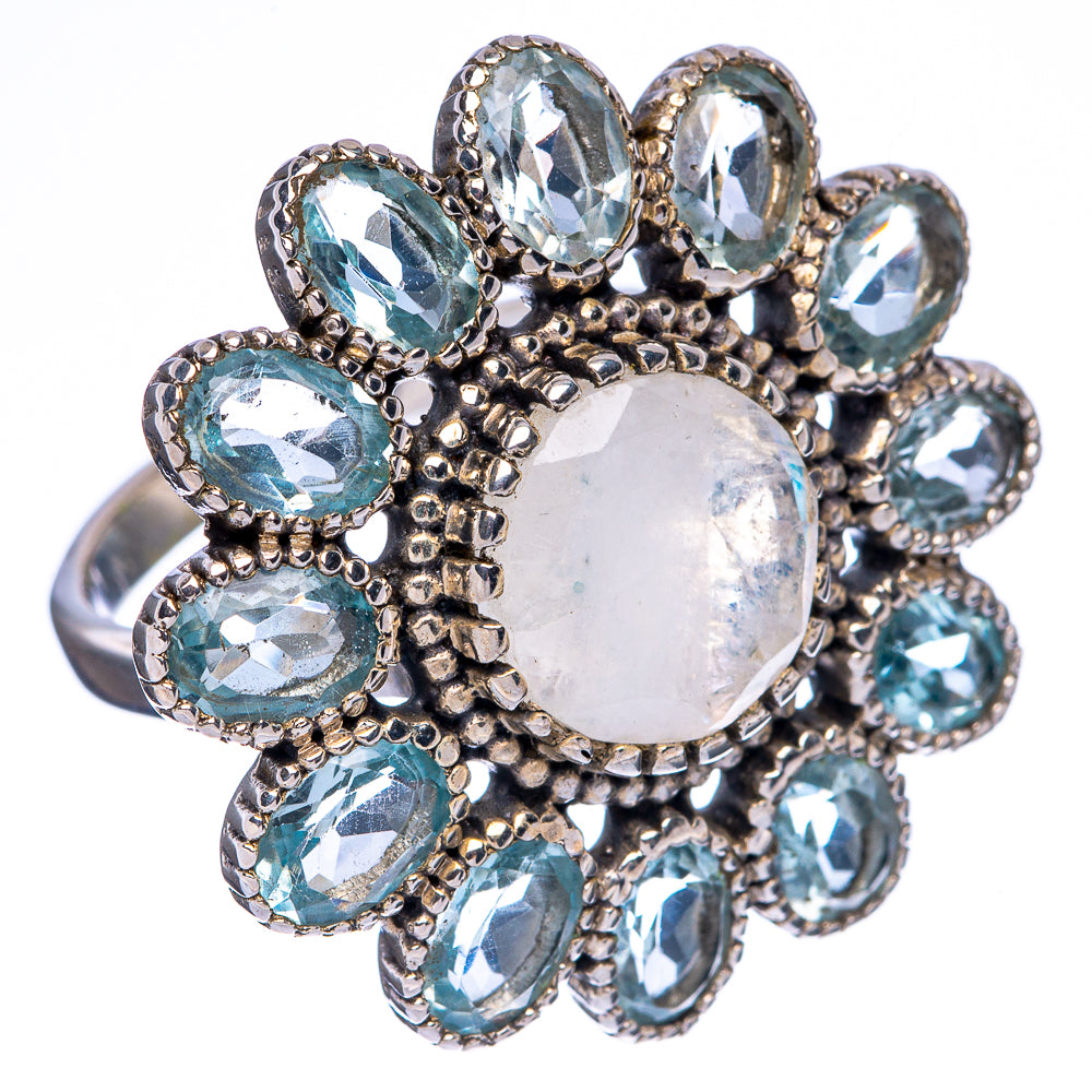 Large Rainbow Moonstone, Blue Topaz Ring Size 8 (925 Sterling Silver) R146238