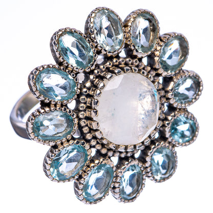 Large Rainbow Moonstone, Blue Topaz Ring Size 8 (925 Sterling Silver) R146238