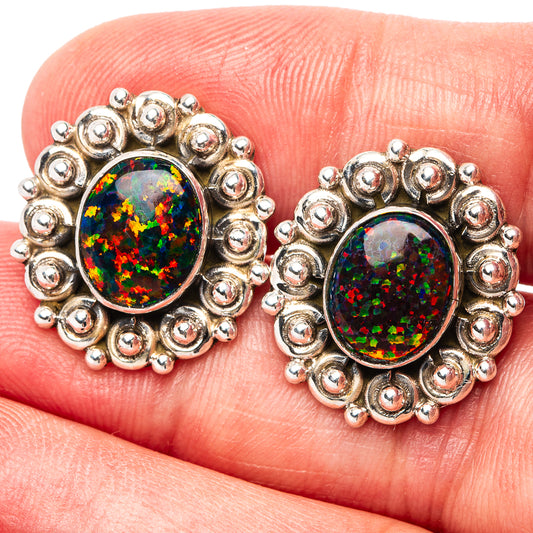 Sterling silver opal stud earrings, round green-red multicolor cabochon with bead halo