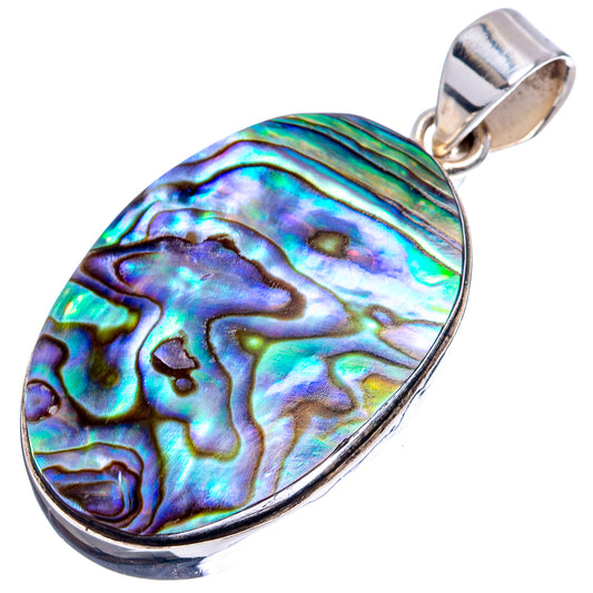 Abalone shell teardrop pendant with iridescent rainbow blues, greens, and purple in sterling silver