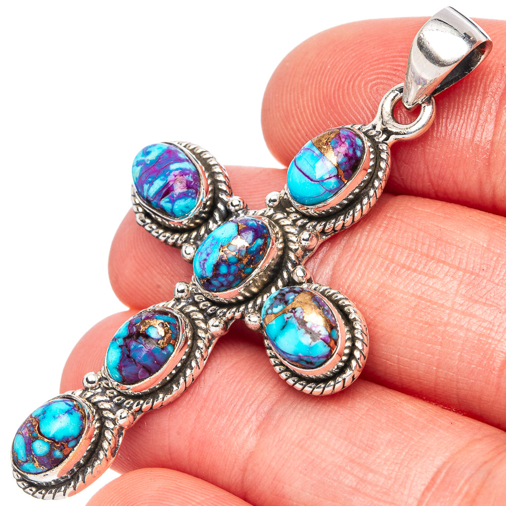 Turquoise cross pendant in 925 sterling silver with five oval turquoise stone bezels