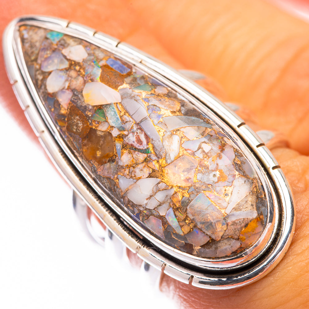Large sterling silver opal mosaic teardrop ring with prong-set border