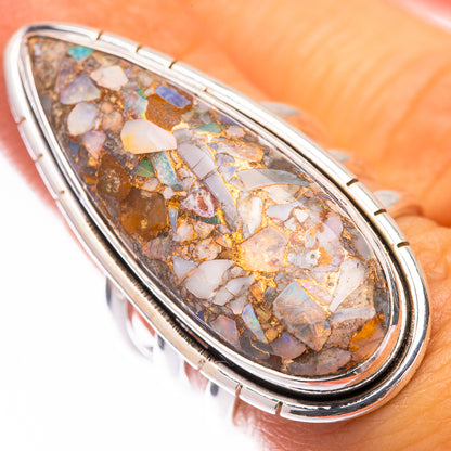 Large sterling silver opal mosaic teardrop ring with prong-set border