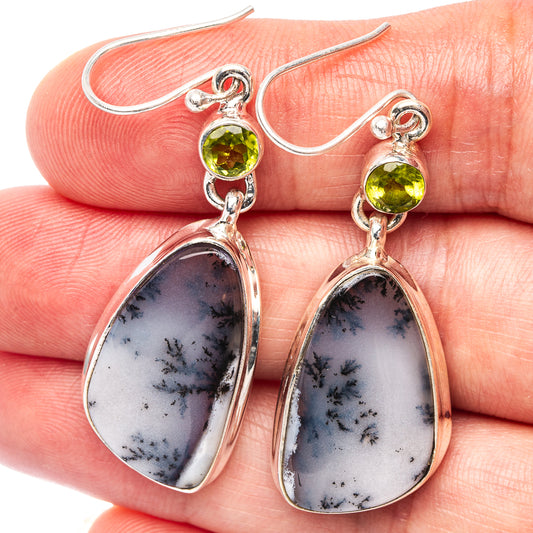 Teardrop dendritic opal drop earrings with peridot green accents in .925 sterling silver