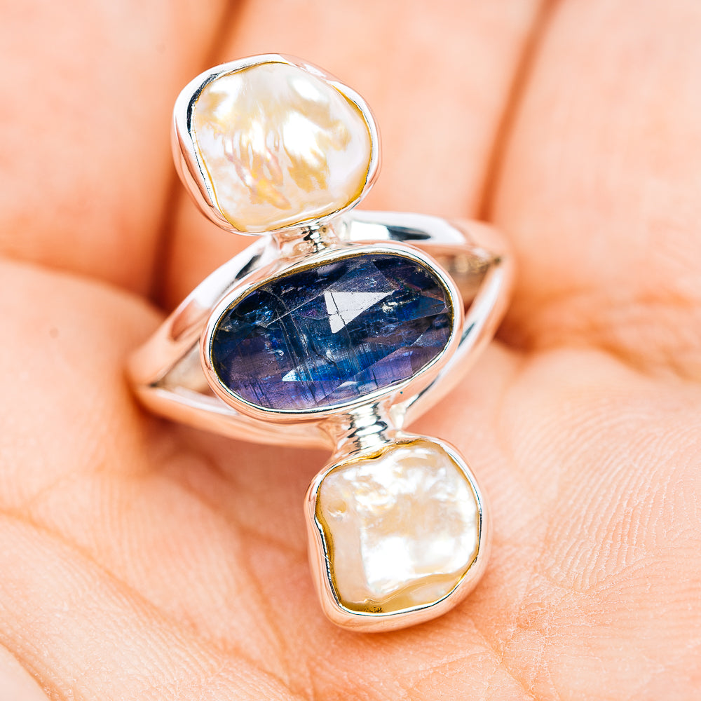 Faceted Kyanite, Baroque Pearl Ring Size 7 (.925 Sterling Silver)