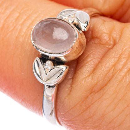 925 sterling silver dainty ring with oval rose quartz cabochon and leaflike side accents