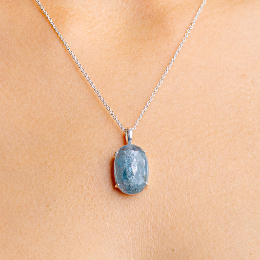 Aquamarine blue oval gemstone pendant necklace with .925 sterling silver chain