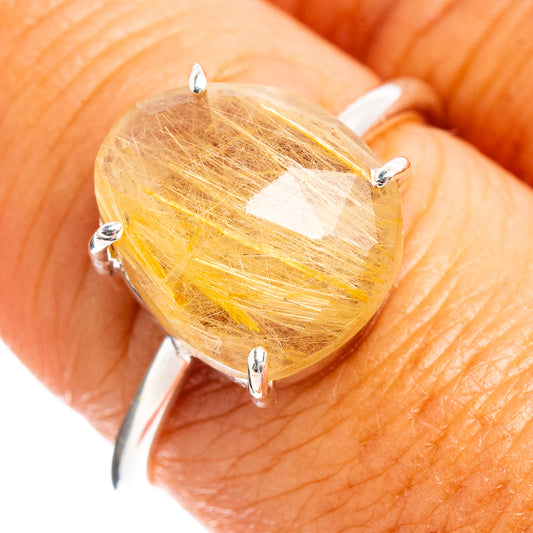 Yellow rutilated quartz ring, faceted oval stone with four-prong .925 sterling silver setting