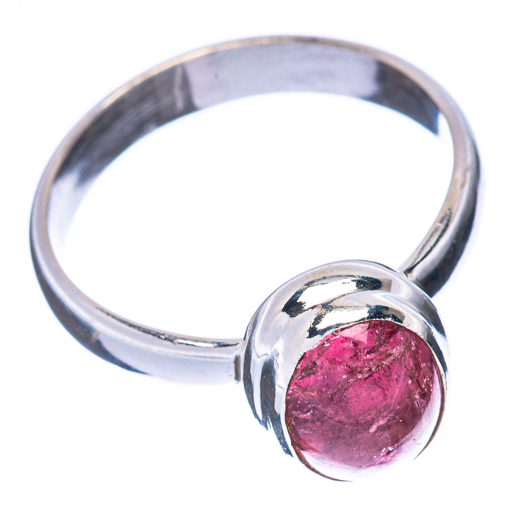 Sterling silver ring with round dark-pink tourmaline gemstone and polished band