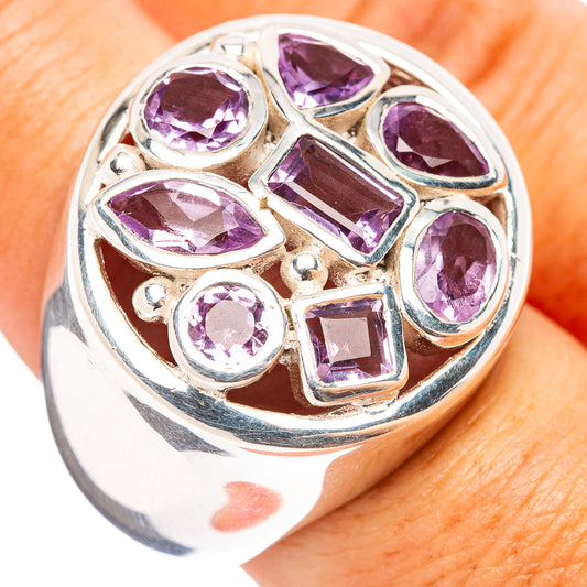 Amethyst faceted gemstone ring in .925 sterling silver, oval and square purple stones