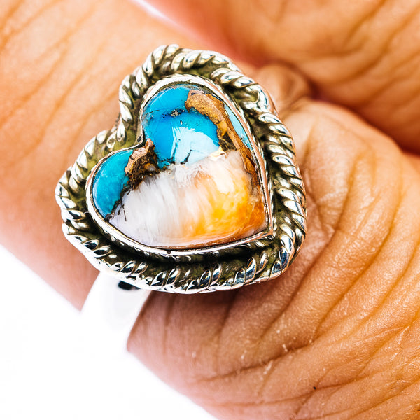 Southwestern Style Spiny Oyster Turquoise Heart Ring Size 8 Adjustable (.925 Sterling Silver)