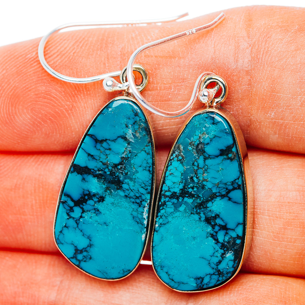 Turquoise teardrop drop earrings with black matrix, German-silver hooks and frames
