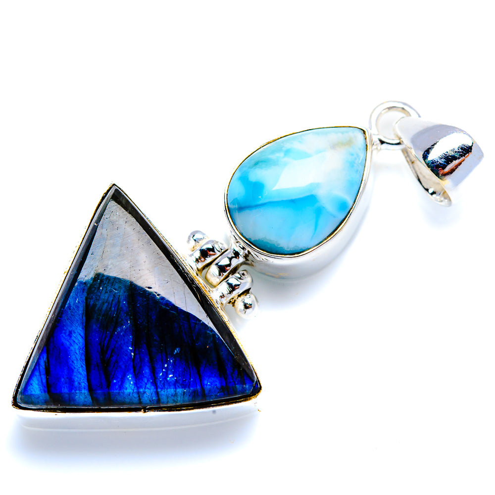 Sterling silver pendant with teardrop larimar blue stone and triangular labradorite