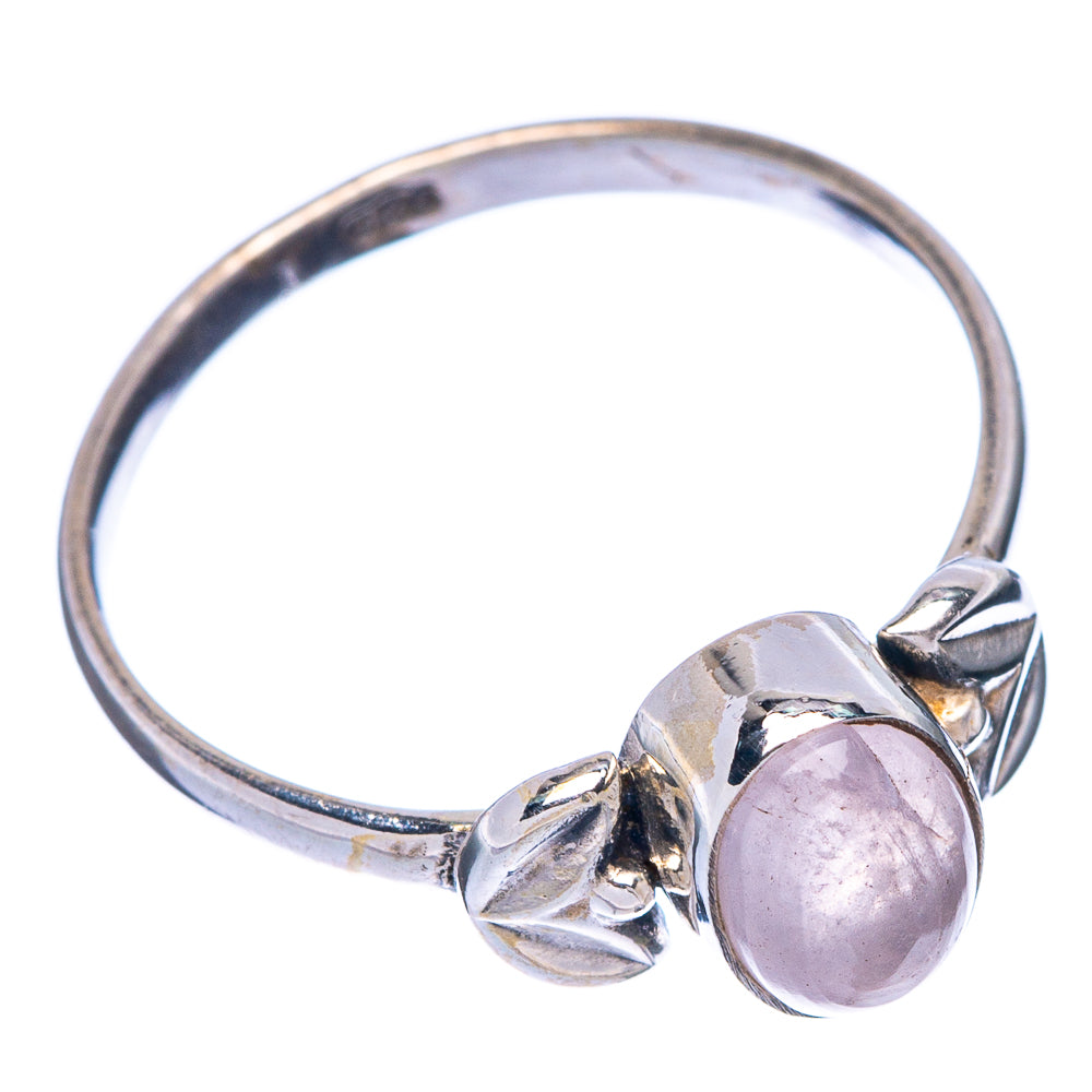 Dainty 925 sterling silver ring with oval rose quartz cabochon and curled leaf detail