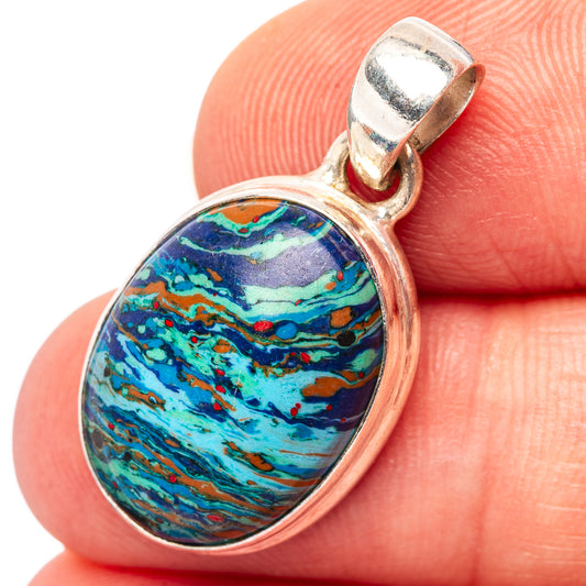 Oval rainbow calsilica pendant, blue-green multicolor stone in sterling silver bezel