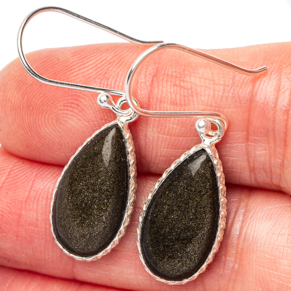 925 sterling silver teardrop earrings with dark glitter obsidian stones and hooks
