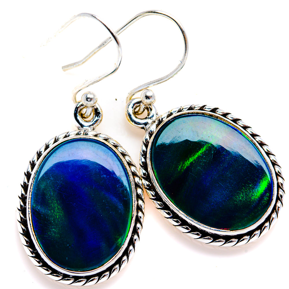 Sterling silver oval opal earrings, blue-green iridescent cabochons on hook backs